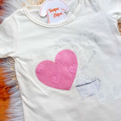 Conj. Blusa Be Always e Short Saia Corações - Off White e Rosa 